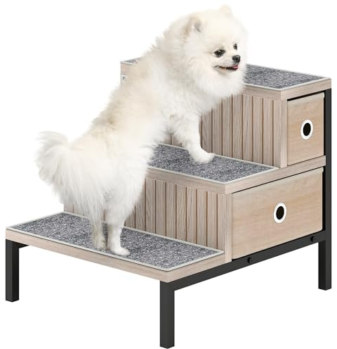 PawHut Dog Steps for Bed with Storage, 3 Step Dog Steps for Sofa, Pet Stairs for Older Cats & Small Puppies with Non-Slip and Washable Cover, Oak Tone