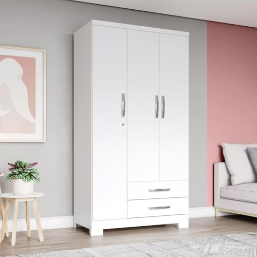 Befara Armario Individual Alain 3 Puertas y 2 Cajones – Mueble de Almacenaje en MDF con Cerradura, Estilo Moderno 91x46,5x180,5 cm - Blanco