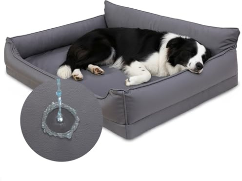 Favodormir Ortopédica Cama Perro Medianos, Sofá Perro de Cuero Sintético Impermeable–91x68 cm, Espuma de Huevo, Cama para Perros Desenfundable y Lavable, Colchon Perro Antideslizante, Gris