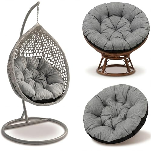 Hängstol Dyna 110 cm – Papasan Äggstol rund – stor sittdyna vattenavvisande för Trädgård Altan Uterum Inomhus Utomhus Rotting Vardagsrum och Balkong Grå ekologiskt linne