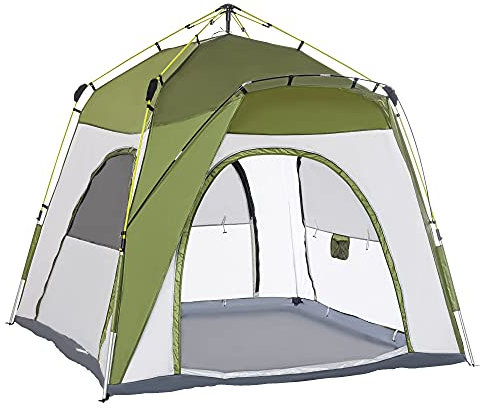 Outsunny 4 Person Automatic Camping Tent, Outdoor Pop Up Tent, Portable Backpacking Dome Shelter, Green