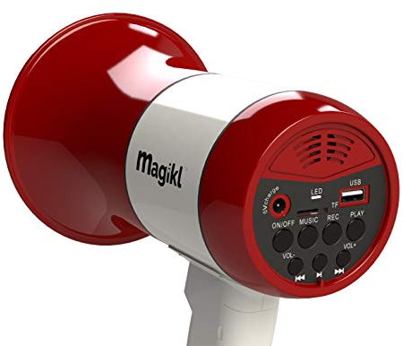 Magikl Megafon Lautsprecher mit Sirene - Laut und Klein - MP3 Player, Aufnahmefunktion, Inklusive Wieder Aufladbarem Lithium Akku und USB Ladekabel - Für Kinder, Partys und Sport