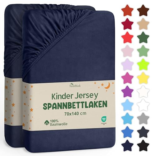 NatureMark Lot de 2 draps-Housses pour Enfant - 70 x 140 cm - Jersey Doux - 100% Coton - pour lit de bébé et lit d'enfant - Bleu Marine