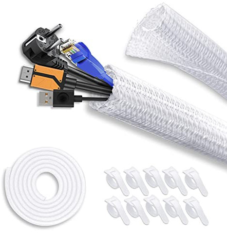3m Cable Tidy Sleeve, Braided Cable Management with 10Pcs Cable Ties Wire Organizer for TV/PC Home Office Power Cord Protect (White)