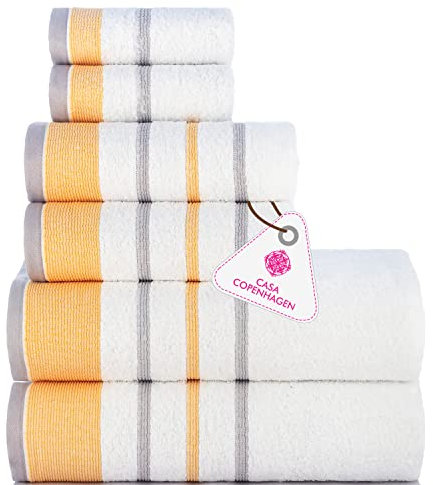 Casa Copenhagen White Bay-Handtuch aus 600 g/m² ägyptischer Baumwolle für Hotel, Spa, Küche und Bad, 6-teiliges Set mit 2 Bädern, 2 Händen, 2 Waschlappen – Weiß mit goldenem und grauem Rand