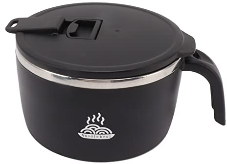 Ramen Bowl, 900ml Double Wall Stainless Steel Rapid Noodle Cooker with Drains, Lid and Handle, Mobile Phone Holder, Ramen Soup Bowl for Noddles, Office College Dorm Room Cooking (black)