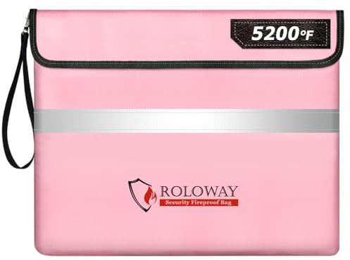 ROLOWAY Fireproof Document Bag (14 x 11 inch) with 5200℉ Upgraded Aluminum Foil Layer, Fireproof Bag for Documents with Reflective Strip and Zipper (Pink)