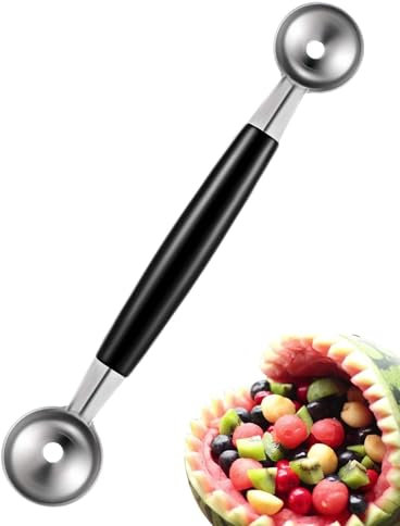 IPNSDON 1 pz Bifacciale Frutta Melone Sfera Paletta Acciaio Inossidabile 2 in 1 Anguria Gelato Melone Paletta,Scavino per palline melone，Inox