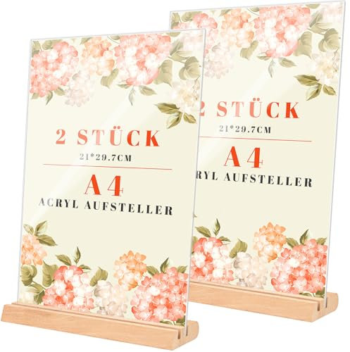 Seyaom 2 Stück Aufsteller A4, Tischaufsteller A4, Acryl Preisschilder Aufsteller mit Holzsockel für Fotos Cafés Restaurants Ausstellungen (L&T Form - 2 Möglichkeiten)