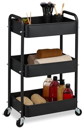 Relaxdays Rollwagen, 3 Etagen, Servierwagen, Küchenwagen Bad & Büro, Rollregal, 71,5x43,5x29,5 cm, Bastelwagen, schwarz