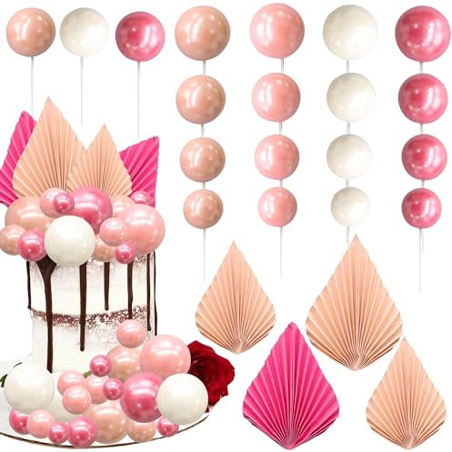 Gyufise 32Pcs Paper Palm Fan Cake Topper Balls Cake Topper Mini Balloon DIY Cake Insert Cake Decorations for Baby Shower Wedding Bridal Shower Birthday Party Decorations Rose Red