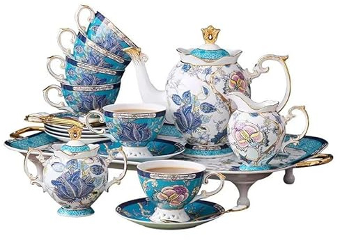 Juego de tazas de café expreso de porcelana, juego de taza y platillo, juegos de té de porcelana de 16 piezas, juego de café de porcelana de hueso de flores vintage, juego de té de la tarde, servicio