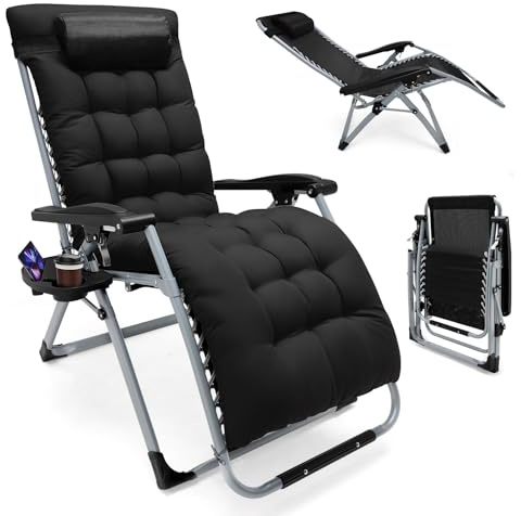 Lischwert Sillas Garden Zero Gravity, capacidad de carga de 440 libras, reclinables de jardín de textileno resistente, reposacabezas ajustable, soporte para tazas y teléfono, tumbonas plegables para