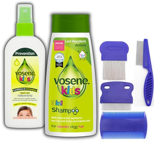 Vosene Head Lice Repellent Bundle – Headlice Treatment Bundle with Vosene Shampoo (250ml), Head Lice Repellent Spray (150ml) & 4 Nit Combs Kids (3 Metal) – Nit Shampoo & Kids Detangler Spray
