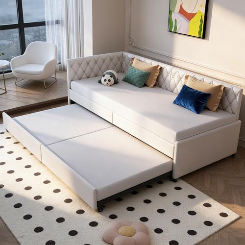 Sofá cama extensible de 90 x 200 cm, sofá cama con cajones de almacenamiento y terciopelo acogedor, cama de día extraíble con somier de listones, moderna cama de invitados, sin colchón (beis, 200 cm x