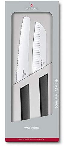 Victorinox Swiss Modern Messer Set, 2-teilig, Brotmesser, Santokumesser, Extra Scharf, Robuster Kunststoffgriff, schwarz