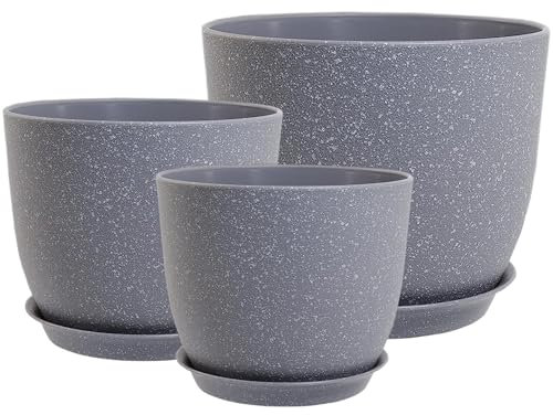 PROFIKLA 20cm, 18cm, 16cm Plastic Plant Pots, Plant Pots with Drainage Holes and Saucers, A Set of 3 Flower Pots, Modern Decorative Planters, Grey Speckles