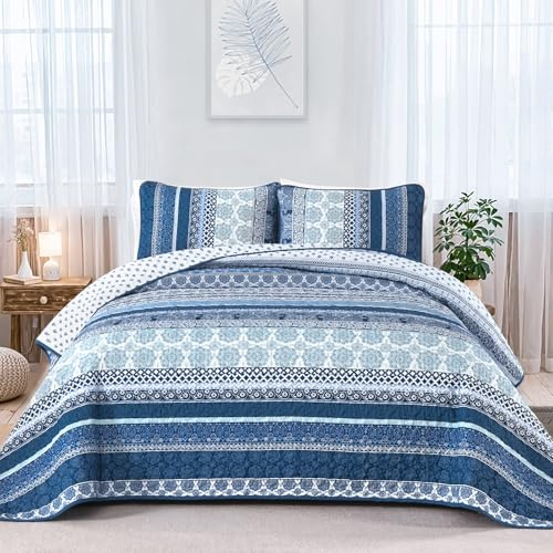 WONGS BEDDING Boho Quilt Set Queen Size, Navy Blue Bohemian 3 Pieces Quilt Sets, Lightweight Microfiber Bedspread Coverlet Bedding Set for All Season (96x90)