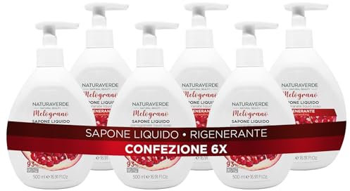 Naturaverde | Natural Beauty - Sapone Liquido Melograno, Sapone Mani Detergente e Rigenerante, Ingredienti di Origine Naturale, 6 x 500ml