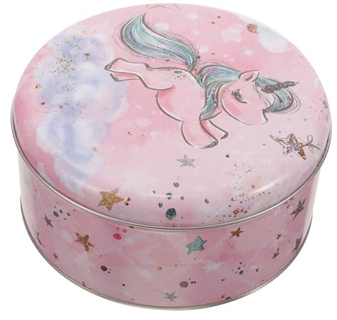 FUNOMOCYA Unicorn Cookie Tin Box Round Iron Canister with Lid for Candy Storage and Packaging 6.7 Inch Diameter Decorative Biscuit Container for Home and Holiday Use