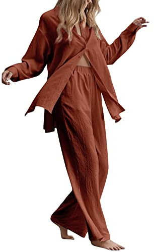 Pyjama 2 pièces en mousseline de coton et lin - Couleur unie - Élastique - Vêtement d'intérieur léger - Vêtement de détente - Taille haute - Jambes larges - Chemise boutonnée - Col à revers - Manches