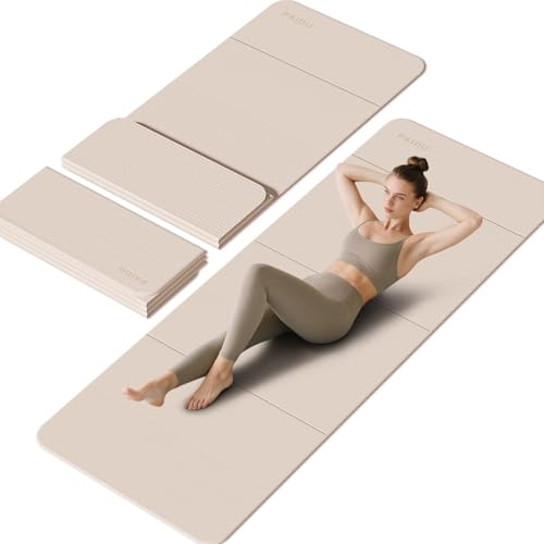 PAIDU Foldable Yoga Mat - 10mm Extra Thick, 7526 Non-Slip Exercise Fitness Mat | SGS Eco-Certified, Portable for Yoga/Pilates/Studio/Home Workout (Beige)
