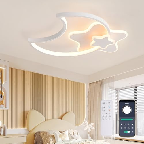 KAUCQI 45CM 34W Lampara Infantil Techo, Lámpara de techo Luna LED Regulable con Control Remoto 3000-6000K, Lámpara LED de Estrella Luces para habitacion de bebé Plafon Led Techo para Dormitorio