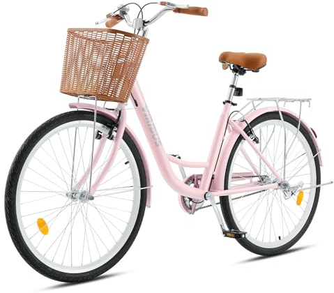 Viribus 24 Inch Vintage Ladies Bike With Basket, Dutch Style City Bicycle, Carbon Steel Frame, Dual V Brakes, Single Speed, Adjustable Seat and Handlebars, Pink