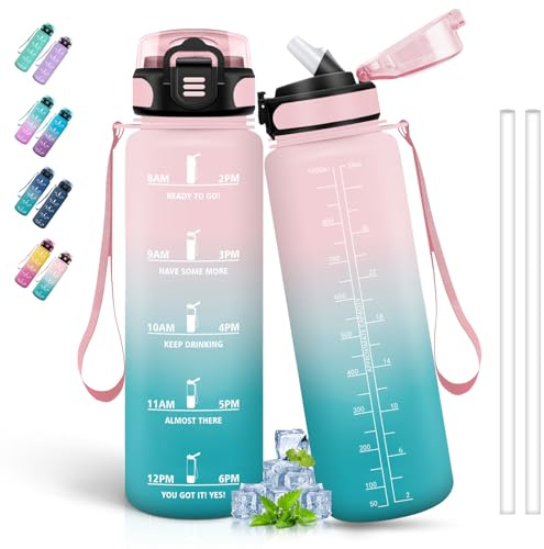 Bottiglia d'acqua da 1 litro, bottiglia d'acqua con cannuccia, bottiglia riutilizzabile, facile da pulire, bottiglia d'acqua sportiva, marca del tempo, borraccia per ciclismo, corsa, escursionismo