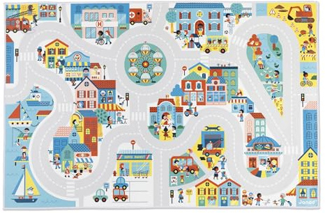 Janod - Tappeto Auto per Bambini - Tema Città - Morbido e Antiscivolo - Motivo Urbano - Tappeto per camerette di Bambine e Bambini - 120 x 78 cm - Lavabile a Mano - da 2 Anni - J05910