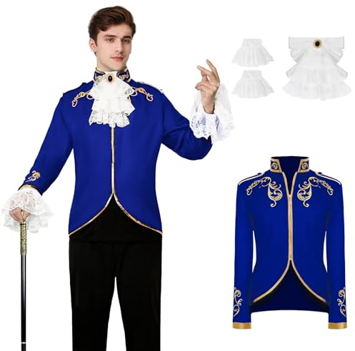 YORDET Men's Prince Costume Gothic Blazer Jacket Steampunk Tailcoat Coat Medieval Men's Tuxedo for Halloween Retro Cosplaye (Blue, S)
