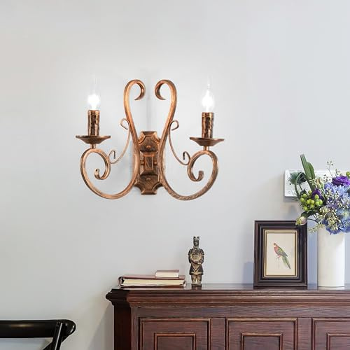 Ganeed Apliques de pared Interior Retro Metal Vintage Francés Iluminación Tradicional Rústico Aplique para Salón Dormitorio Escalera Vestíbulo E14 Bronce 2 Luces (2 paquetes)
