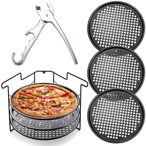 Maxdot 5 Pcs Pizza Baking Tray Set 3 Pcs 12.6 Perforated Pizza Pans with Holes 1 Folding Pizza Rack Non Stick Pizza Stand 1 Pizza Pan Gripper for Oven Grill Baking Accessories Home Restaurant Party
