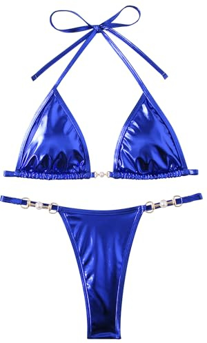 Bikini Métallique Femme Deux Pièces Sexy Triangle Taille Haute Bas String Maillot de Bain avec Haut Halter à Lacets