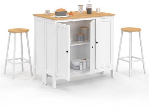 IDMarket - Ensemble Table de Bar îlot Achille et 2 tabourets Bois Blanc Plateau façon hêtre