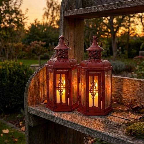 JHY DESIGN Juego de 2 linternas decorativas para velas de 25 cm de alto vintage linternas colgantes candelabros de metal para eventos al aire libre interior paridades góticas y Halloween (rojo con
