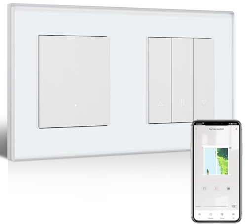BSEEDLIFE Interruptor Persiana 1 Gang 1 Vía con WiFi Interruptor Tactil Empotrado, Panel de Cristal, Compatible con Alexa y Google Home, Requiere Cable Neutro, Blanco