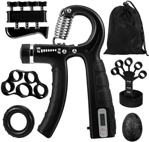 Flamint Set de Entrenamiento de Mano 6 en 1 – Fortalecedor de Mano Ajustable con Contador, Entrenador de Dedos, Extensor, Anillo de Ejercicio y Pelota Antiestrés