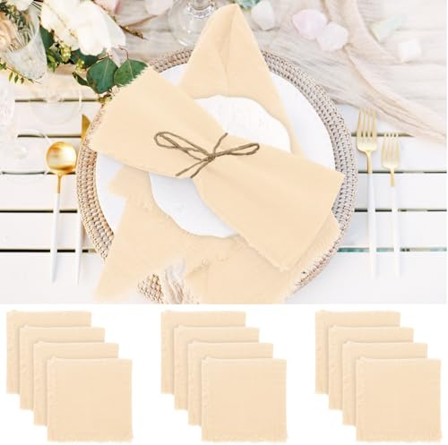 Wapasezyar Tygservetter med fransar set om 12, 42 x 42 cm, linneservetter, tvättbara bordsservetter för jul, restaurang, bröllop, familjefester, födelsedagar, fester (beige)