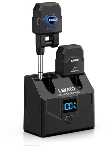 LEKATO Système de guitare sans fil avec étui de charge, émetteur-récepteur de guitare avec 15 heures d'autonomie, câble rechargeable sans fil avec 4 canaux pour guitare électrique basse (WS 200)