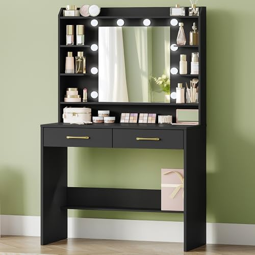 Hzuaneri Dressing Table with Mirror and Light, 2 Drawers Vanity Desk, Black