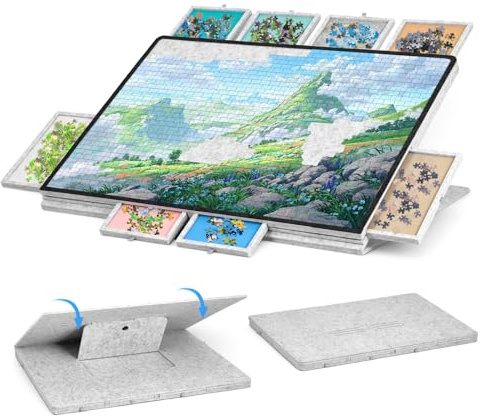 Plateau Puzzle 2-en-1 1000 pièces, Pliable, 8 tiroirs, 77x54 cm, Gris | Surface en feutre, couvercle transparent, 3 tiroirs, pieds pliants 29 cm, bords surélevés