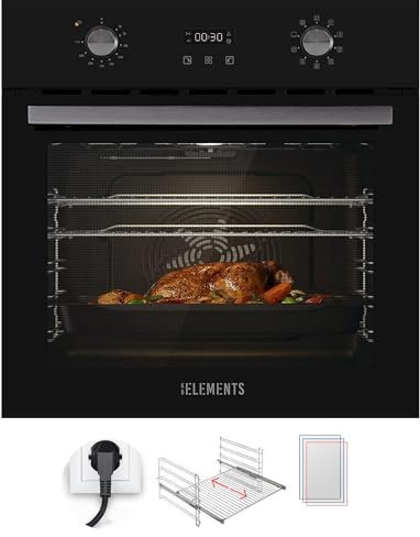 KB-ELEMENTS Einbaubackofen mit stecker - Pizzafunktion, Umluft, Rotisseriefunktion, A+, 3 Fach-Verglasung, EU-Stecker, Teleskopauszug (Schwarz)