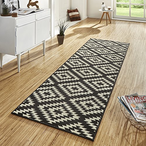 Hanse Home Teppich Läufer Nordic 80x200cm – Teppichläufer Weicher Kurzflor Teppich Modern Raute Design Läufer für Flur, Schlafzimmer, Kinderzimmer, Badezimmer, Wohnzimmer, Küche Dekoläufer – Schwarz