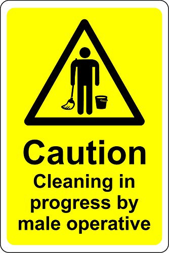 Caution cleaning in progress by male operatives toilet Safety sign - 1.2mm Rigid plastic 200mm x 150mm
