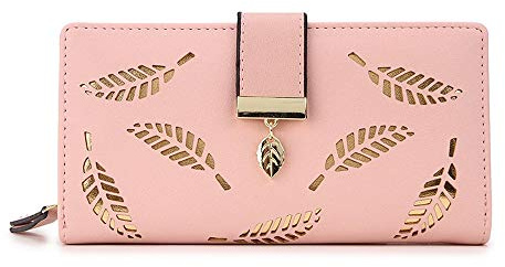 Molylove Women's Leather Wallet Purse Hollow Leaf Pattern Zipper Handbag Button Clutch Bag (pink)