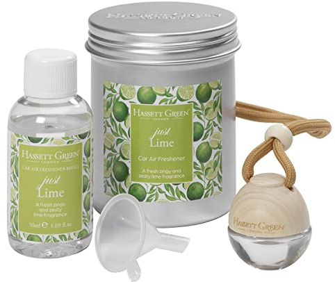 Hassett Green London Just Lime Car Air Freshener & Refill Kit | Empty wooden-top freshener & 50ml oil, Fresh, zingy citrus aroma, Refillable design, For cars & small spaces