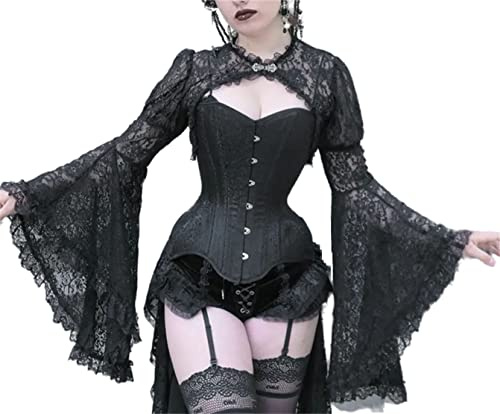 Women's Gothic Crop Top Lace Bolero Bell Sleeves Shrug Punk Rock Costume Y2k Black Cutout Top Emo Rave Mesh Blouse