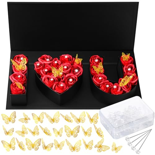 Ireer 75‬ Pcs I Love You Gift Box Valentines Day Flowers Boxes with 24 Golden Butterfly Decor and 50 Bouquet Flower Pins Valentines Day Heart Shape Box for Him Her Arrangement Decoration(Black)