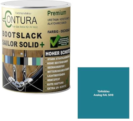 Contura Bootslack Farbig SEIDENMATT Yacht- Buntlack Metall Holz GFK Holzlack Boot Farblos (Türkisblau - RAL 5018 Analog, 500ml.)